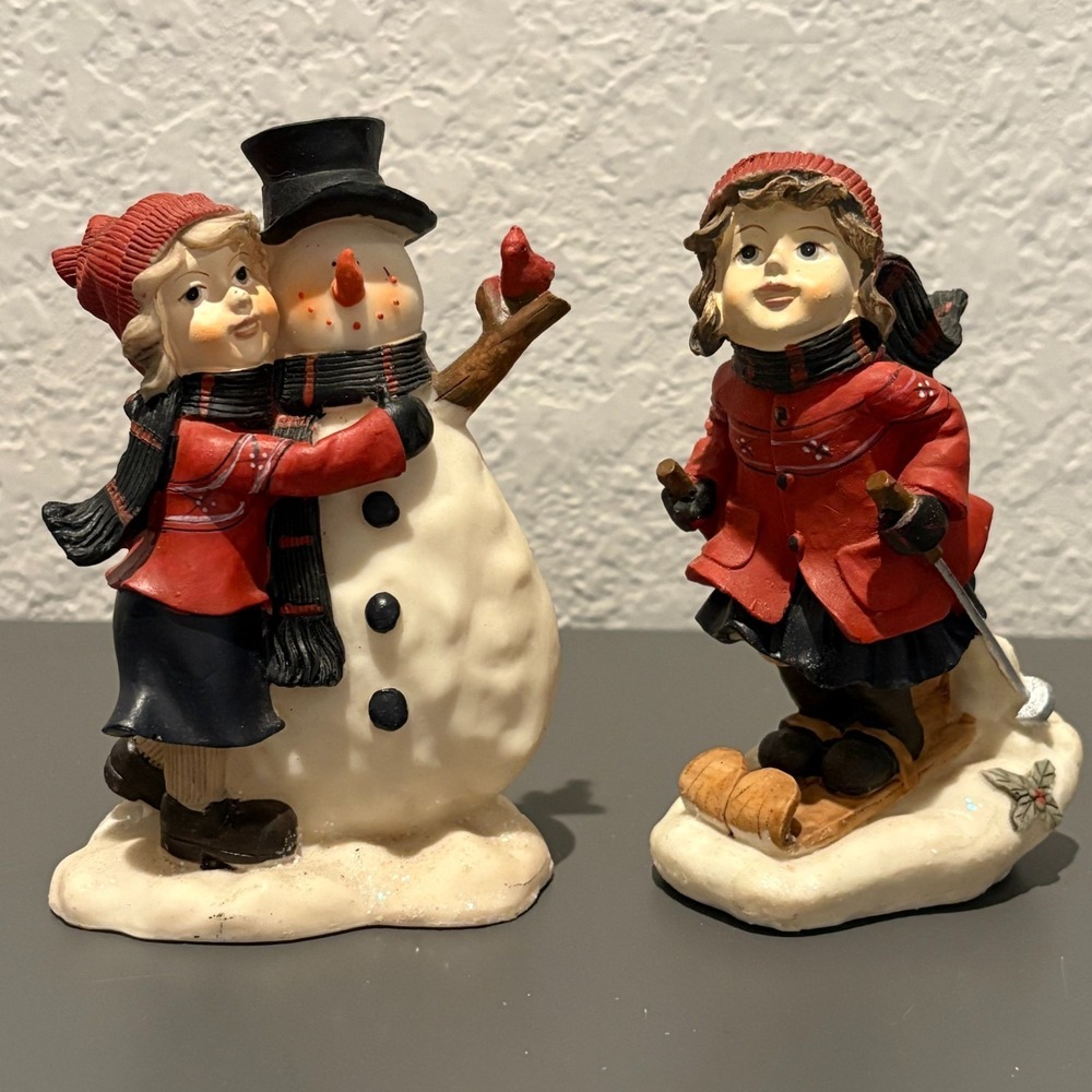 2pc Greenbrier International Christmas Winter Figurines Girl Hugging Snowman
